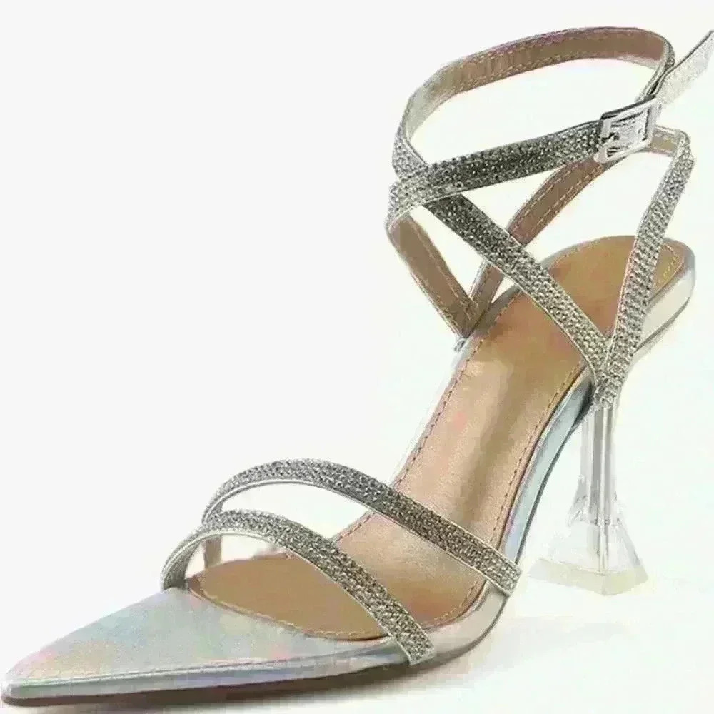 Pointed Toe Heels for Women Ankle Strap Women's Heeled Sandals Glitter Heels